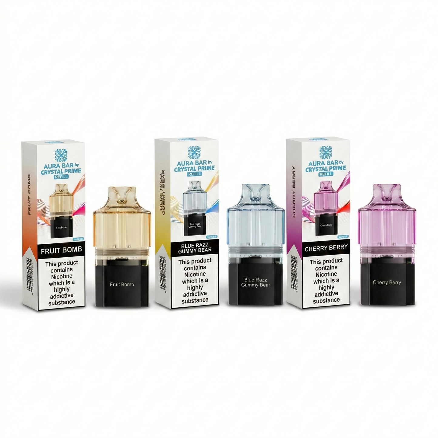 Four vape devices with their respective boxes on a white background